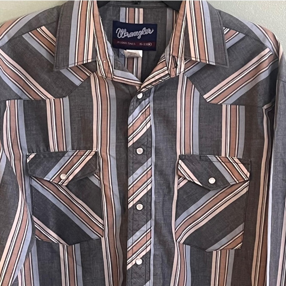 VTG Wrangler Pearl Snap X Long Tails Long Sleeve Gray Blue Brown Shirt 16/33